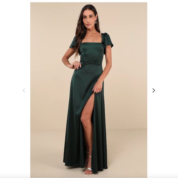 NWT Lulus Ultimate Sweetness Emerald Green Satin Flutter Sleeve Maxi Dress - Picture 1 of 5